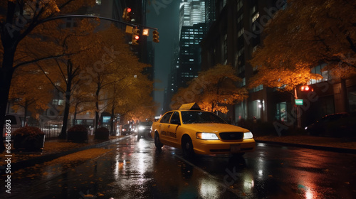 A taxi through the city streets on a quiet autumn night