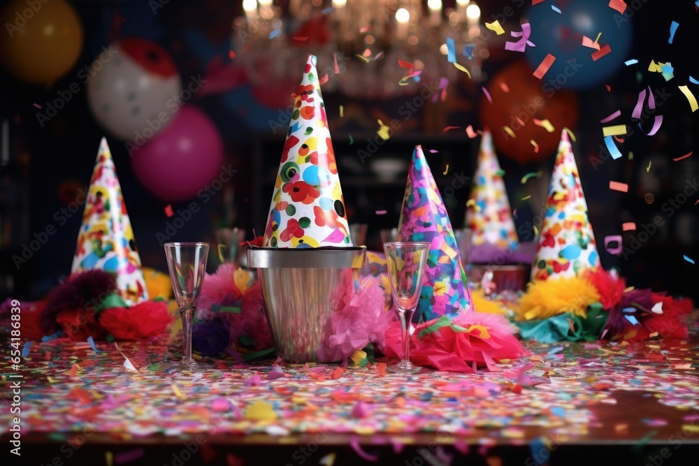 confetti spread on a table with party hats and horns