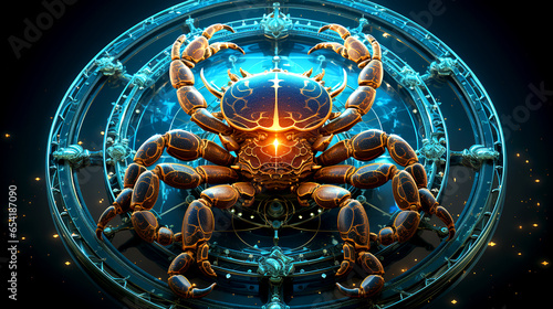 Glowing Scorpio zodiac sign art with blue universe background