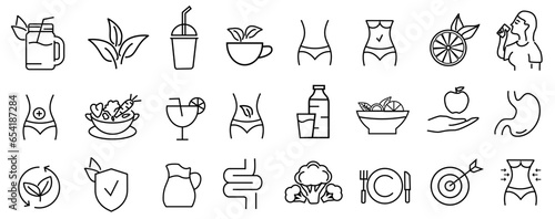 Detox icons set illustration. diet, leaf,  water, body, metabolism, and more. vector editable file.