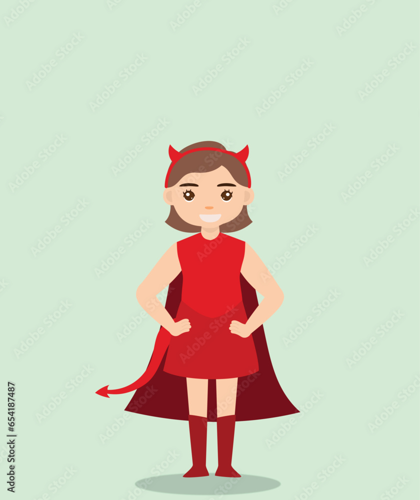 girl in red devil costume standing and smiles at halloween party