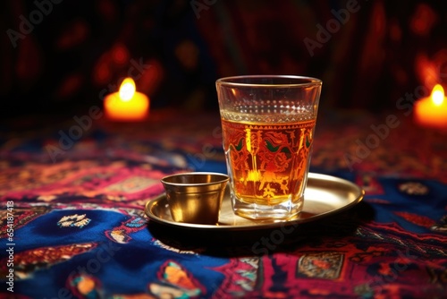 lighted kinara with cup of libation on vibrantly patterned cloth photo