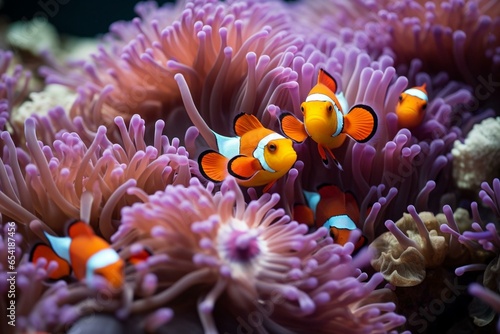 Closeup view of vibrant anemone with darting clownfish and cleaner shrimp busy picking parasites. Generative AI