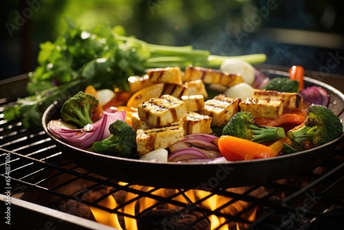 a garden grill with sizzling vegetables and tofu