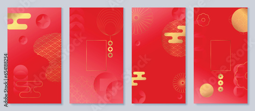 Chinese New Year cover background vector. Luxury background design with gold Chinese fireworks, wind and oriental decorative element for Asian Lunar New Year holiday cover, poster, ad and sale banner.