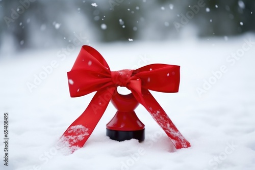 handbell with a bright red ribbon in the snow photo