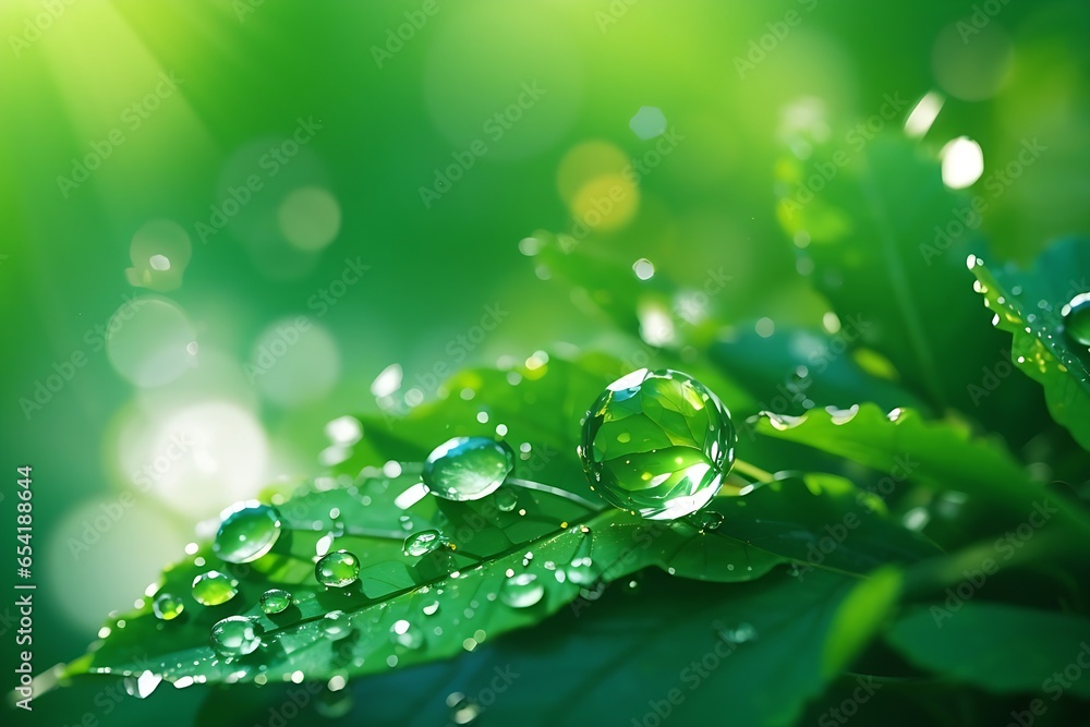 Beautiful large drop morning dew in nature, selective focus. Drops of clean transparent water on leaves. Sun glare in drop. Image in green tones. Spring summer natural background Beautiful large drop morning dew in nature, selective focus. Drops of clean transparent water on leaves. Sun glare in drop. Image in green tones. Spring summer natural background