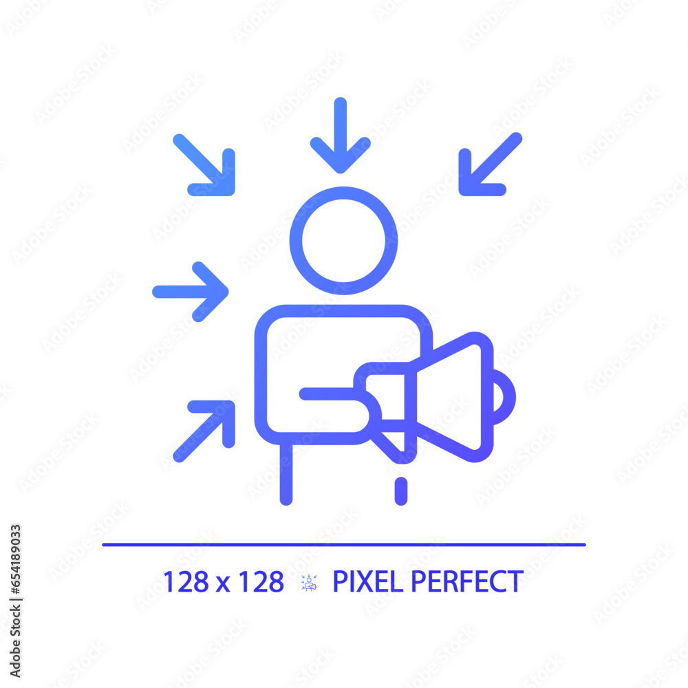 2D pixel perfect gradient promotion icon, isolated vector, thin line purple illustration representing soft skills. 2D pixel perfect gradient promotion icon, isolated vector, thin line purple illustration representing soft skills.
