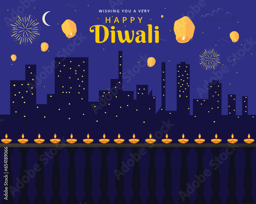 Celebrating Indian Diwali festival Day with Orange paper lanterns floating at night 