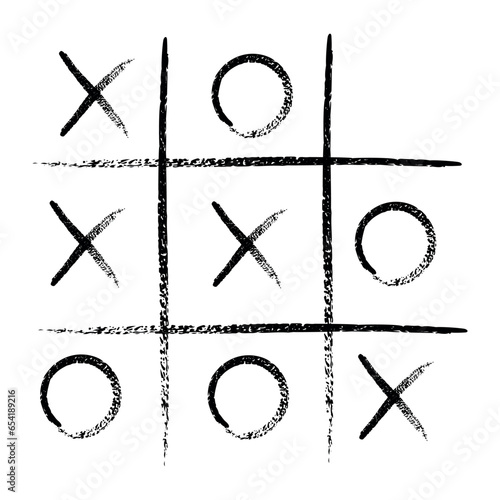 Tic tac toe game competition set. noughts and crosses black grunge brush in Hand draw. Graphic vector illustrations isolated photo