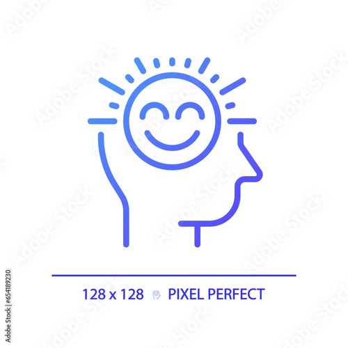 2D pixel perfect gradient positive thinking icon, isolated vector, thin line purple illustration representing soft skills.