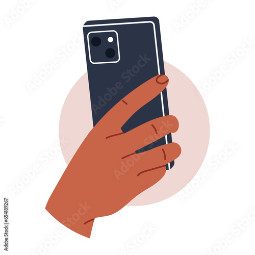 hands holding phone. Scrolling smartphone, app mail, application photo. cellphone camera. Flat vector illustration