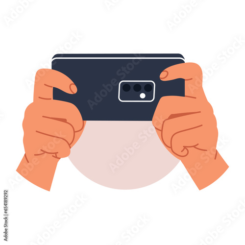 hands holding phone. Scrolling smartphone, app mail, application photo. cellphone camera. Flat vector illustration