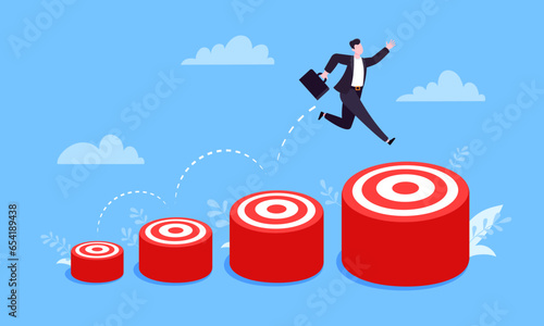 Businessman runs and jumps from small target goal to reach bigger target goal achievement flat style design vector illustration. Career growth and ladder of success path objective business concept.
