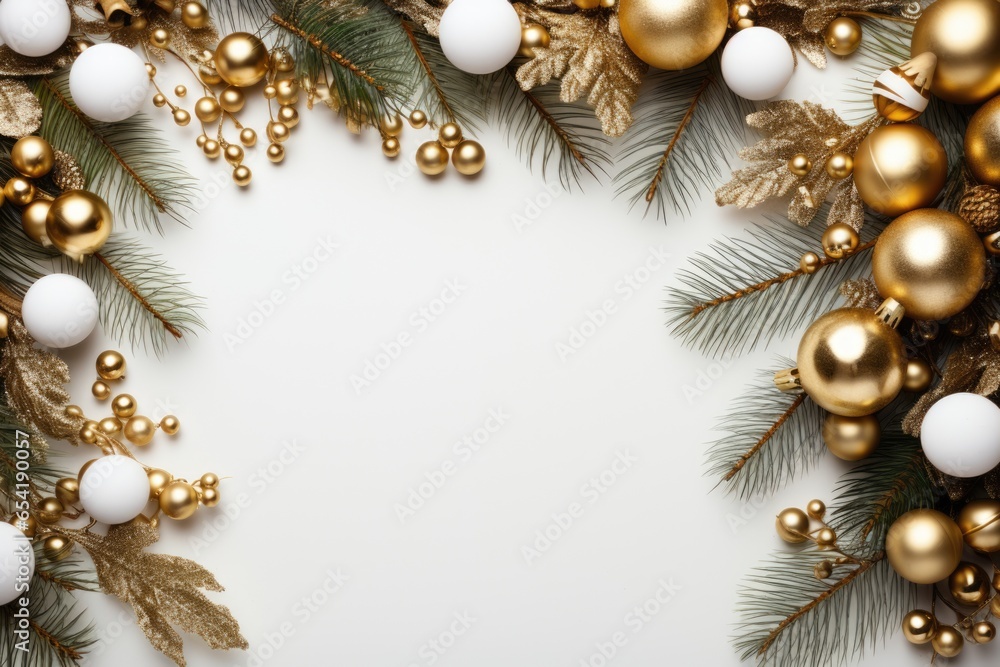 Fir branches decorated with golden balls on a light background. Place for text. Christmas greeting background
