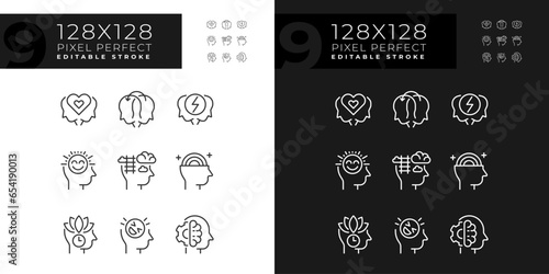 2D pixel perfect icons collection representing soft skills, editable dark and light thin line illustration.