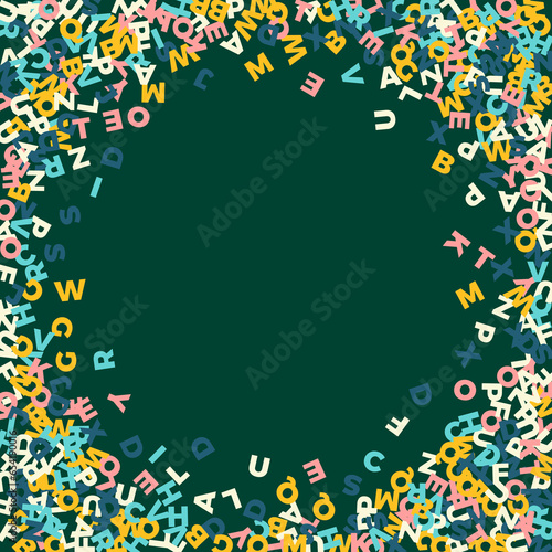 Falling letters of English language. Pastel flying words of Latin alphabet. Foreign languages study concept. Likable back to school banner on blackboard background.