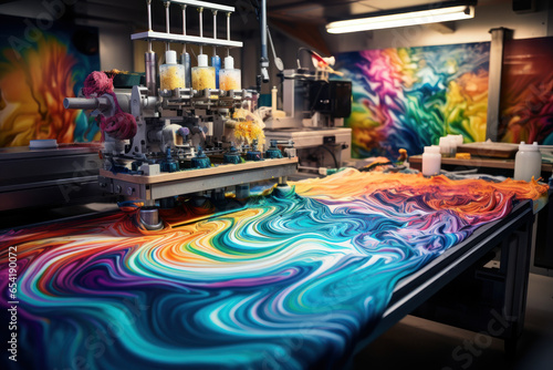 The mesmerizing swirls of colors in a tie-dye workshop, where creativity flows freely. Generative Ai. © Sebastian