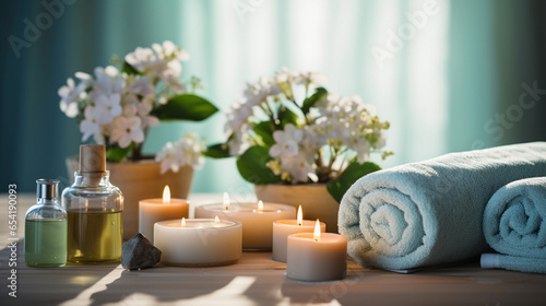 Rolled towels, candles flowers and oil bottles in a wooden table top of spa, saloon