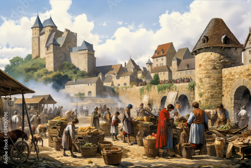 Marketplace at a Medieval Castle.  Generative AI.
A digital illustration of a market day at a medieval castle. 