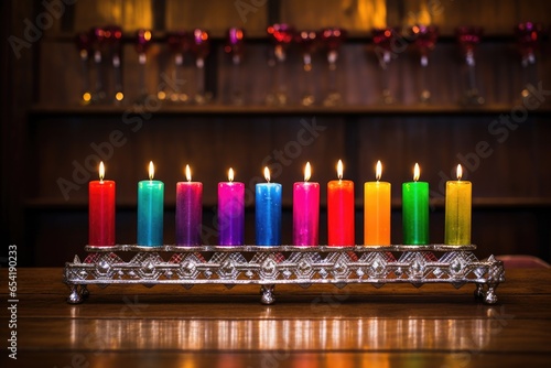 a silver menorah lit with colourful candles on a wooden table photo