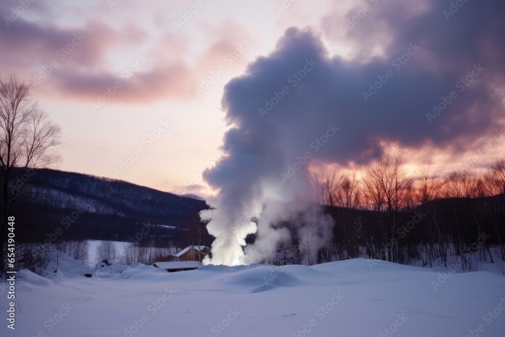 a smoke cloud from a bonfire against a snowy backdrop a smoke cloud from a bonfire against a snowy backdrop