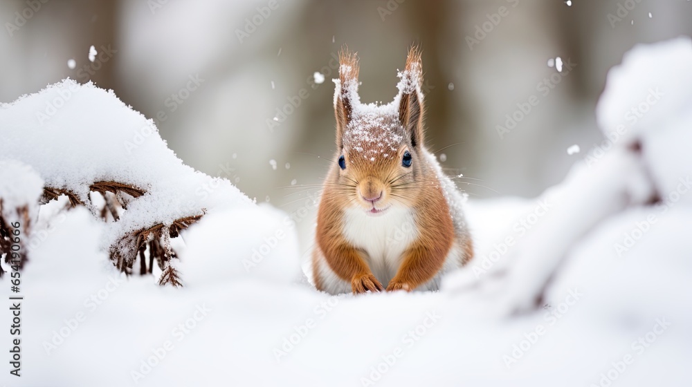 Closeup red squirrel on snowy ground, blurred nature background. Winter adorable scene for wildlife in outdoors. Beautiful squirrel with red and white fluffy fur. Closeup red squirrel on snowy ground, blurred nature background. Winter adorable scene for wildlife in outdoors. Beautiful squirrel with red and white fluffy fur.