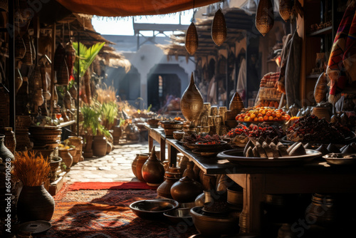 The vibrant culture of a Moroccan souk, with merchants selling spices, textiles, and handcrafted treasures. Generative Ai. photo