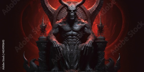 Demon King with Big Horns Sitting on a Throne. Scary Demon