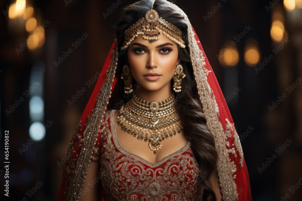 An Indian bride adorned in elaborate bridal attire, radiating elegance and tradition. Generative Ai.