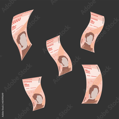 Bolivar Soberano Vector Illustration. Venezuela money set bundle banknotes. Falling, flying money 50000 VES. Flat style. Isolated on white background. Simple minimal design.
