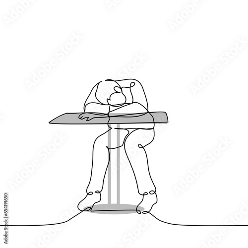 man fell asleep sitting at the table - one line art vector. concept student fell asleep at his desk