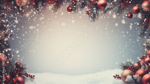 Weihnachten und Advent, Dekorativer Hintergrund mit Christbaumkugeln und Tannenzweigen