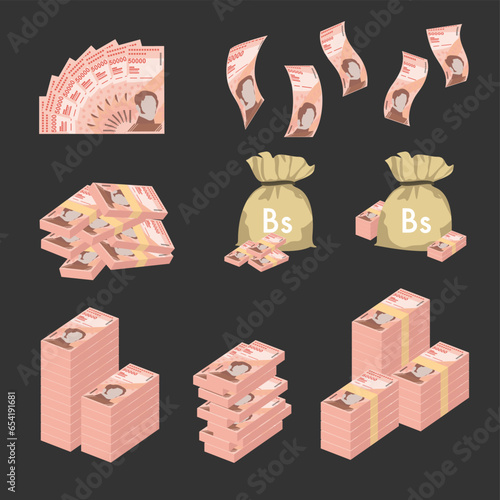 Bolivar Soberano Vector Illustration. Huge packs of Venezuela money set bundle banknotes. Bundle with cash bills. Deposit, wealth, accumulation and inheritance. Falling money 50000 VES