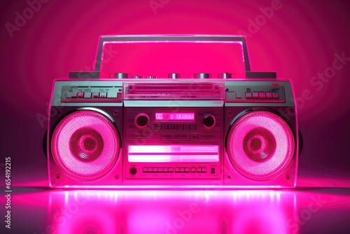 Neon pink cassette tape on a retro boombox, vaporwave vibes