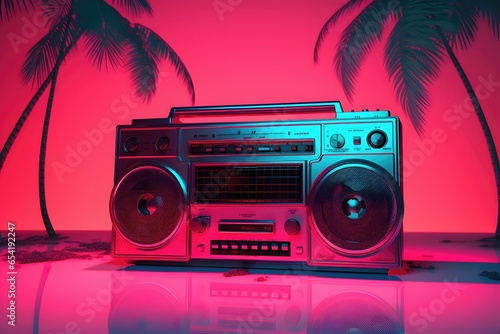 Photo of a neon pink cassette tape on a retro boombox, vaporwave vibes photo