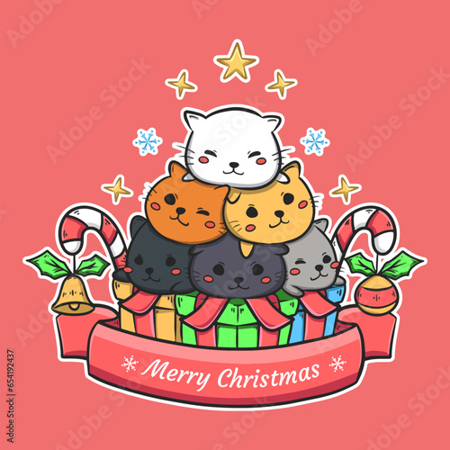Cute cat christmas gift box illustration collection vector