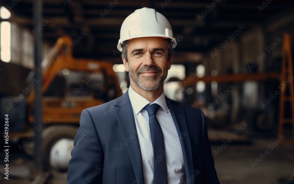 Smiling portrait of a middle aged male businessman with a protective helmet on a construction site looking at camera. Generative AI Smiling portrait of a middle aged male businessman with a protective helmet on a construction site looking at camera. Generative AI