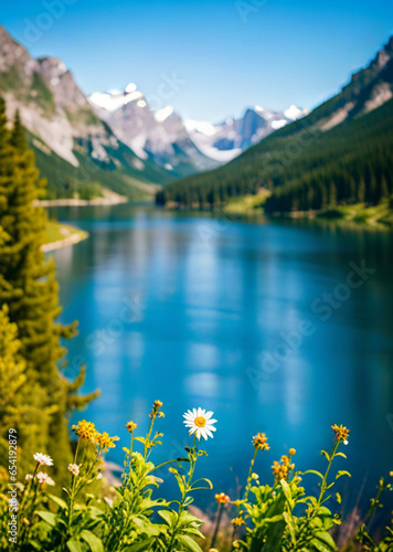 invites you to immerse yourself in the serenity of nature. A peaceful lake surrounded by towering mountains, blooming wildflowers, and a clear blue sky evokes a sense of calm and tranquility, Generati
