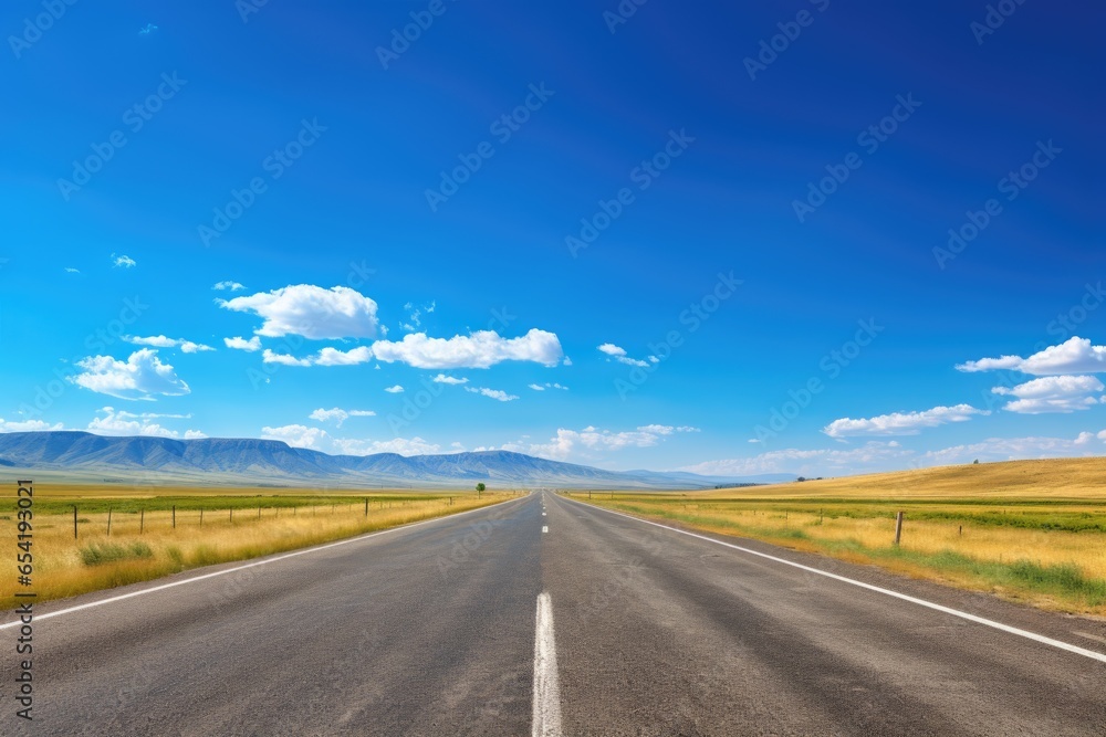 empty road stretching ahead under a blue sky