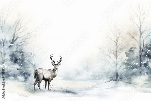 Peaceful winter landscape with elegant deer, ideal for holiday cards. Generative AI