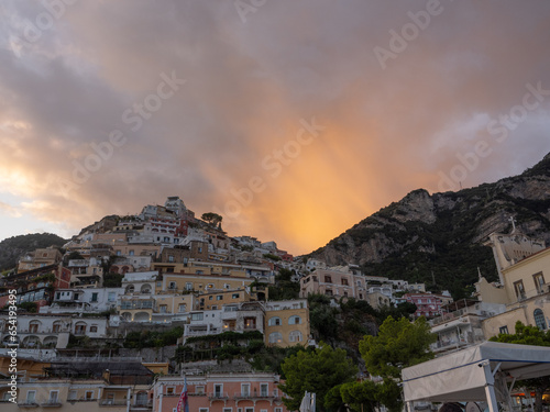Wide view of Positano during the golden hour