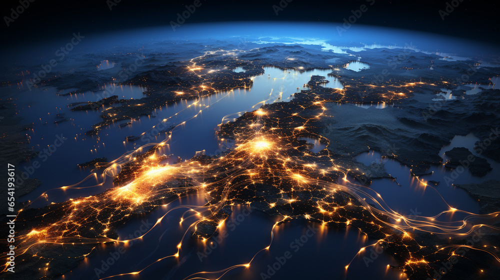 Global Data Connection, Visualizing Earth's Information Flow from Space, data connectivity, network technology background wallpaper - obrazy, fototapety, plakaty 