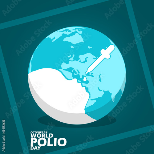 Icon of a child being given drops of liquid medicine on earth, with bold text in frame on dark turquoise background to commemorate World Polio Day on October 24