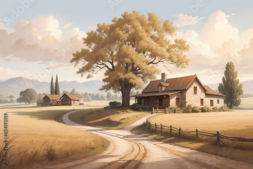 Rustic Farm oil panting: Focusing on a desolate rural landscape, exploring simplicity and old-world farms. Generative Ai.