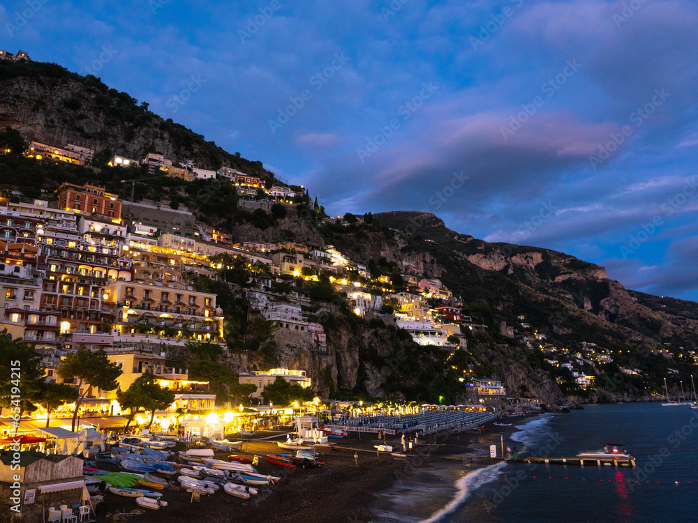Wide view of Positano at night