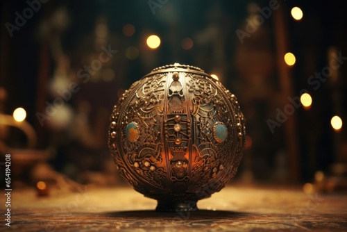 metallic ball richly decorated with lights and beads