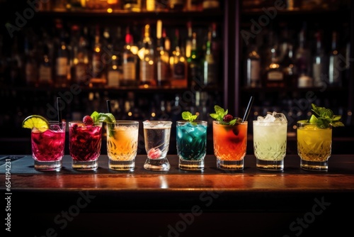 various cocktails lined up on the bar counter