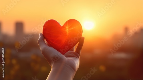  Love s Radiance  Silhouette hand holds a red paper heart  symbolizing Valentine s Day romance under the setting sun. 