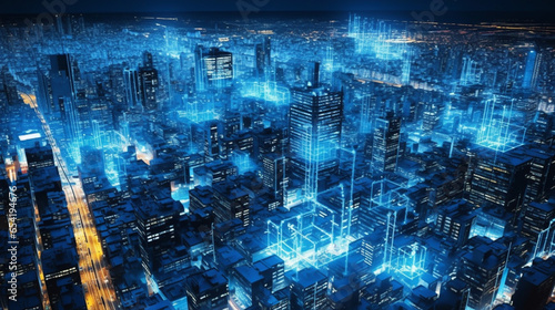 Nocturnal Technoscape  Night City Skyline Illuminated with Global Data Science  Network Connectivity Background Wallpaper